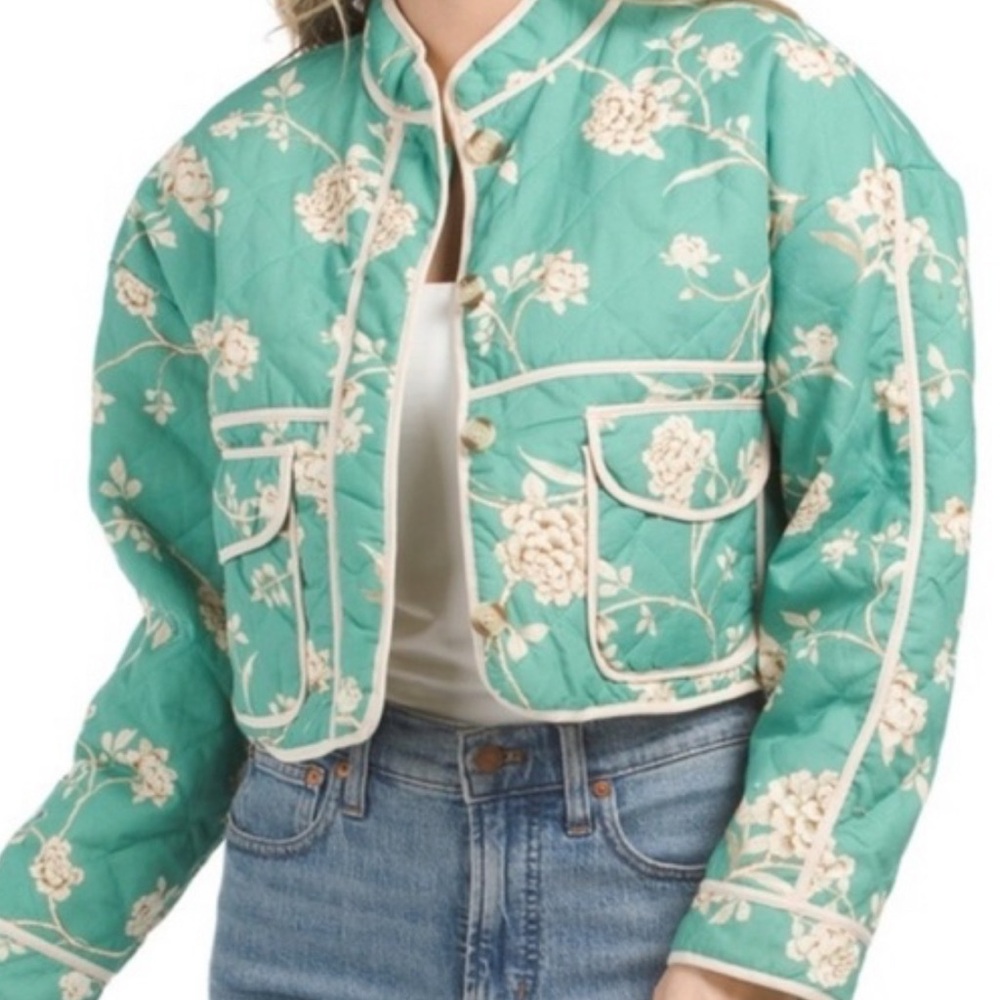 7 For All Mankind Floral Puffer Jacket - Teal and Cream